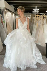 Beach Tulle Pluning V-Neck A-Line Layered Ivory Wedding Dress