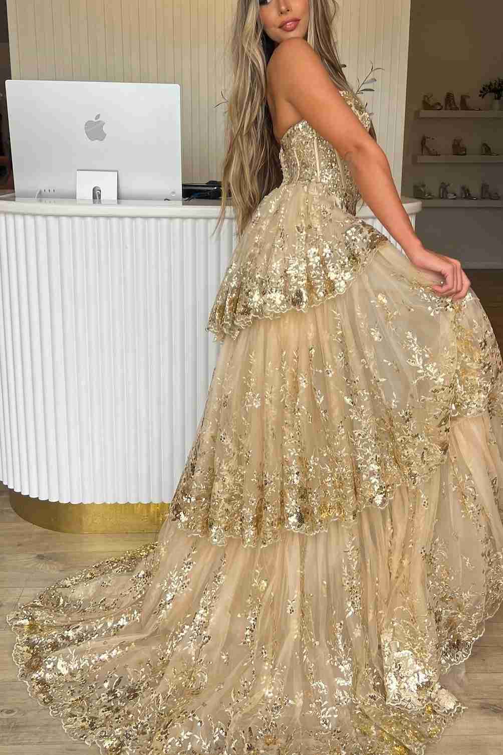 Gold Sequin Mermaid Prom Dress with Detachable Ball Gown