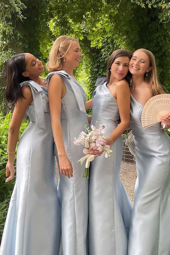 Powder Blue One Shoulder Sheath Long Bridesmaid Dress