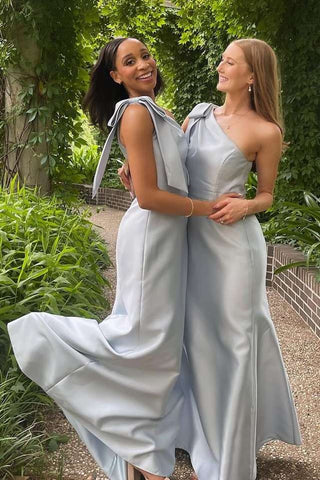 Light Blue One Shoulder Sheath Long Bridesmaid Dress 