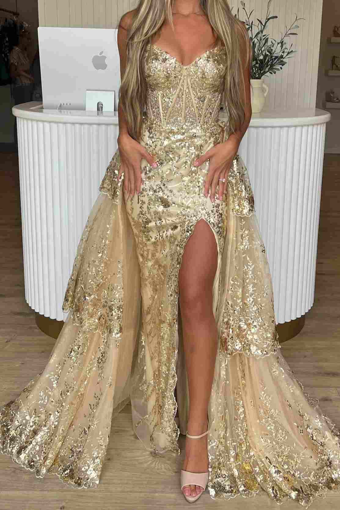 Gold Sequin Mermaid Prom Dress with Detachable Ball Gown