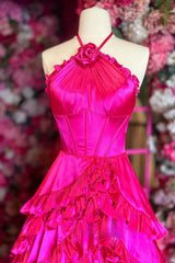 A Line Halter Tiered Ruffles Satin Long Prom Dress
