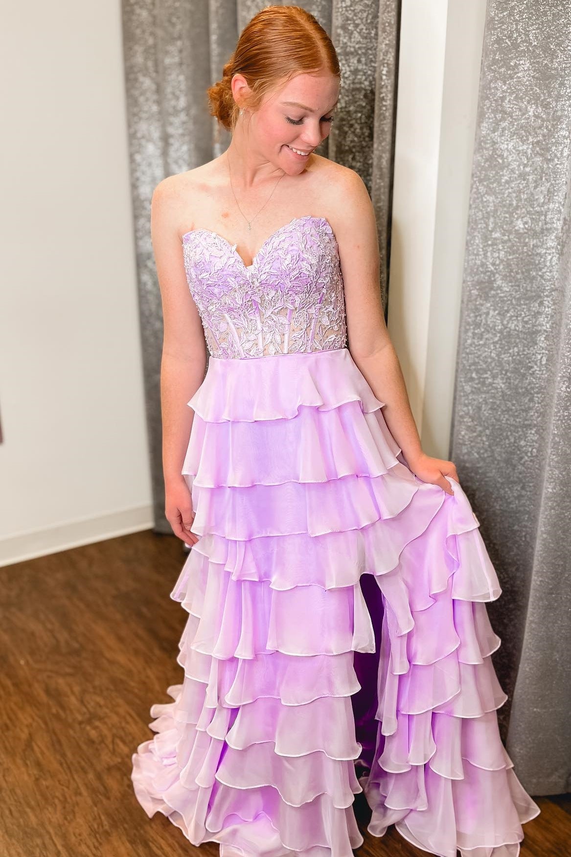 Lilac Strapless Tiered Ruffles Long Formal Gown with Slit