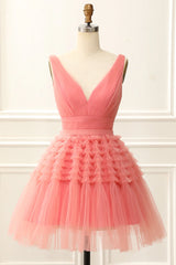 Dusty Sage Tulle V-Neck Tiered Short Party Dress with Ruffles