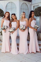 Modest Pink Strapless Mermaid Long Bridesmaid Dress