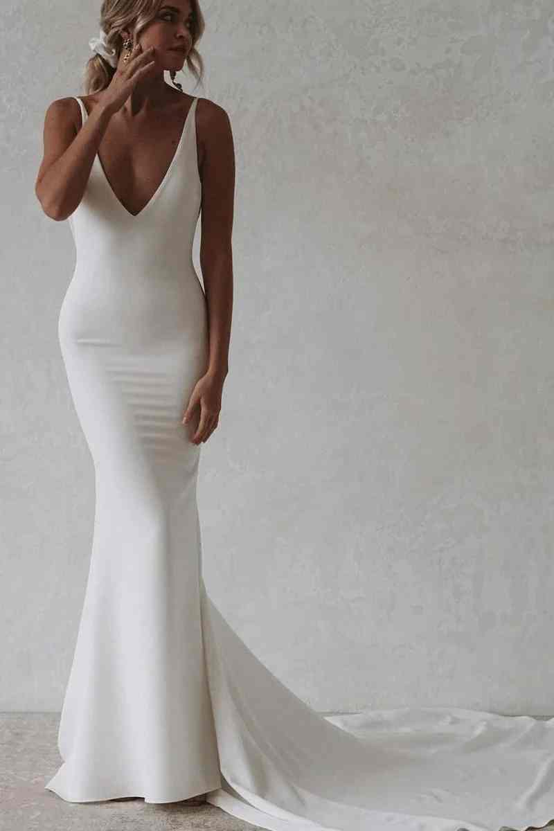 Classy Elegant V-Neck Mermaid Backless Satin Long Wedding Dress