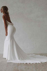 V-Neck Mermaid Backless Satin Long Wedding Dress 