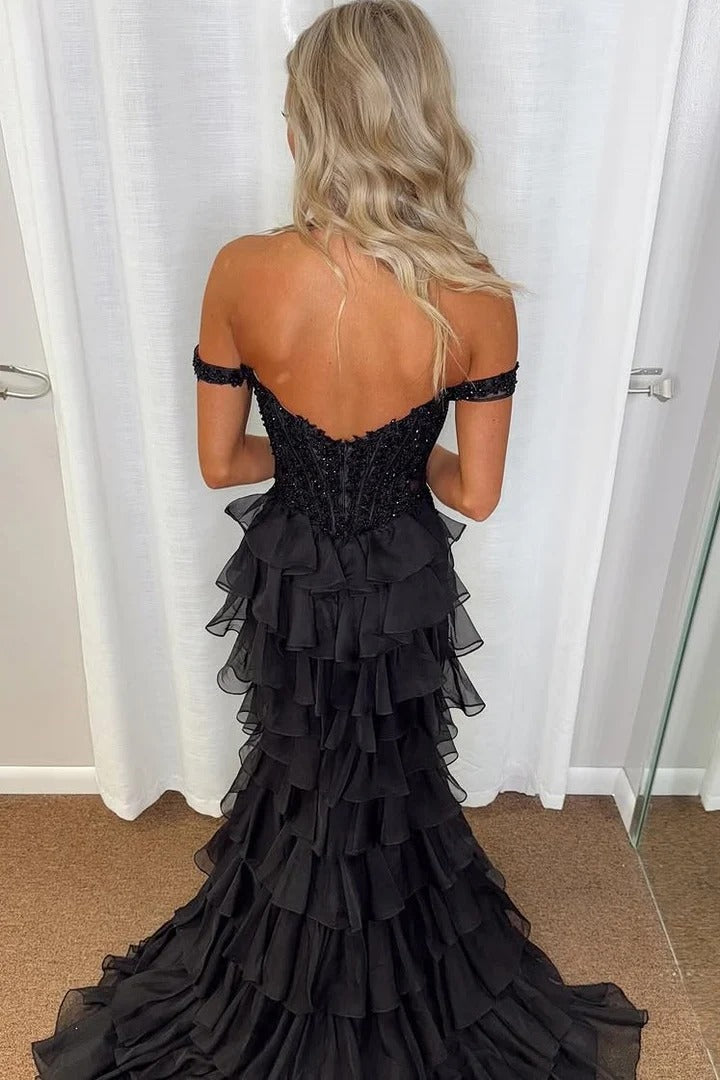 Black Mermaid Off the Shoulder Ruffles Chiffon Long Prom Dress
