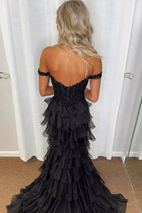 Black Mermaid Off the Shoulder Ruffles Chiffon Long Prom Dress