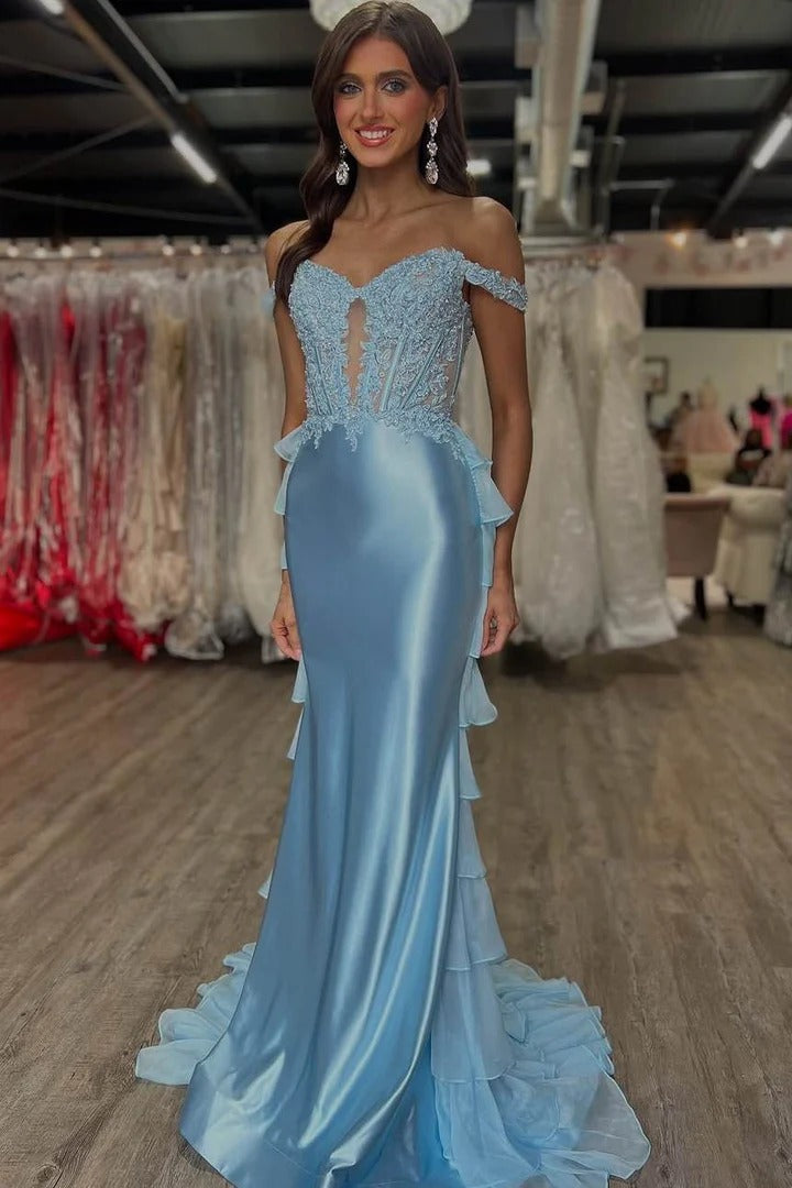 Black Mermaid Off the Shoulder Ruffles Chiffon Long Prom Dress