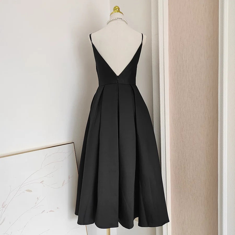 Black Satin A line Spaghetti Straps Long Prom Dress