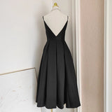 Black Satin A line Spaghetti Straps Long Prom Dress