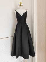Black Satin A line Spaghetti Straps Long Prom Dress