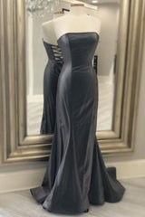 Black Satin Strapless Mermaid Long Prom Dress