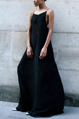 Black Spaghetti Straps Satin Column Blackless Long Prom Dress