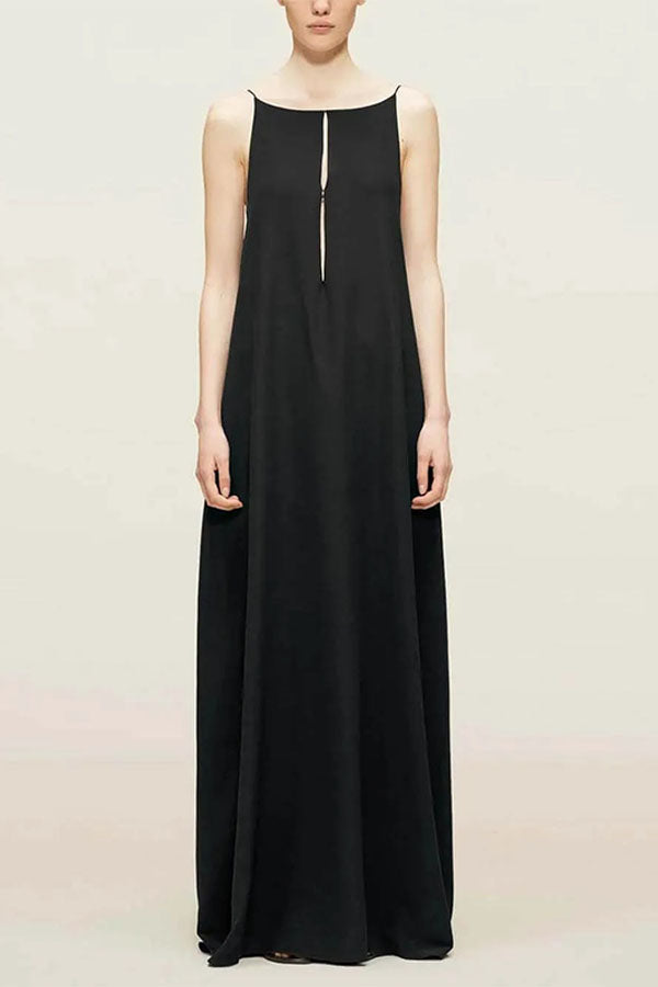 Black Spaghetti Straps Satin Column Blackless Long Prom Dress