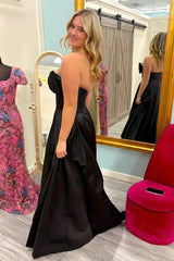Black Strapless Satin Backless Long Prom Dress with Slit
