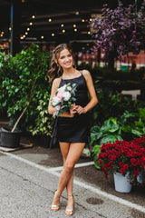 Black Chic Mermaid Spaghetti Straps Short Satin Homecoming Dress with Ruffles