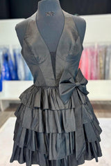 Black Classic Tiered Halter A-Line Homecoming Dress with Bow