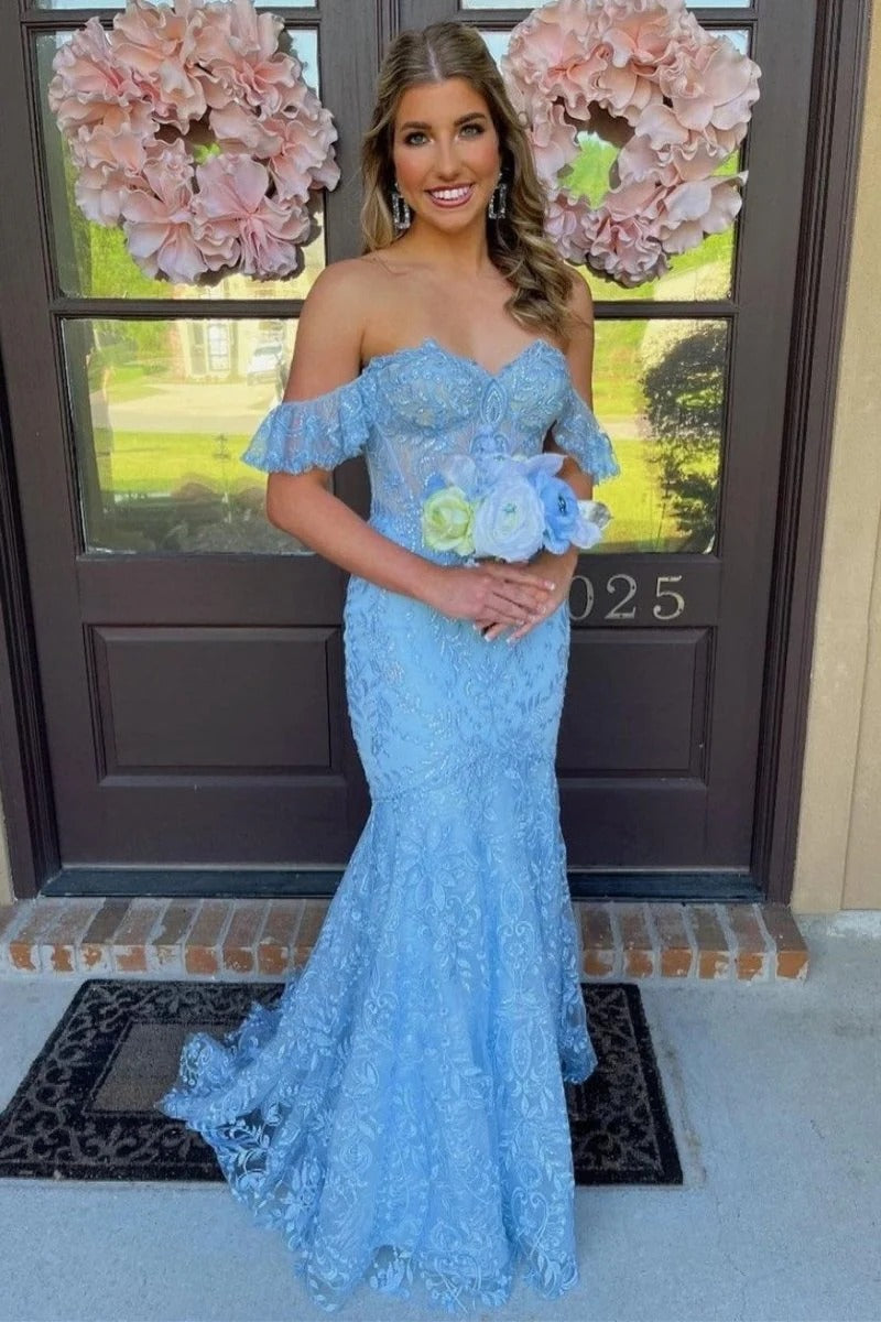 Blue Off the Shoulder Mermaid Ruffled Long Prom Dress with Lace Appliques