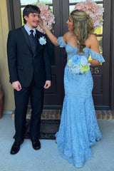 Blue Off the Shoulder Mermaid Ruffled Long Prom Dress with Lace Appliques