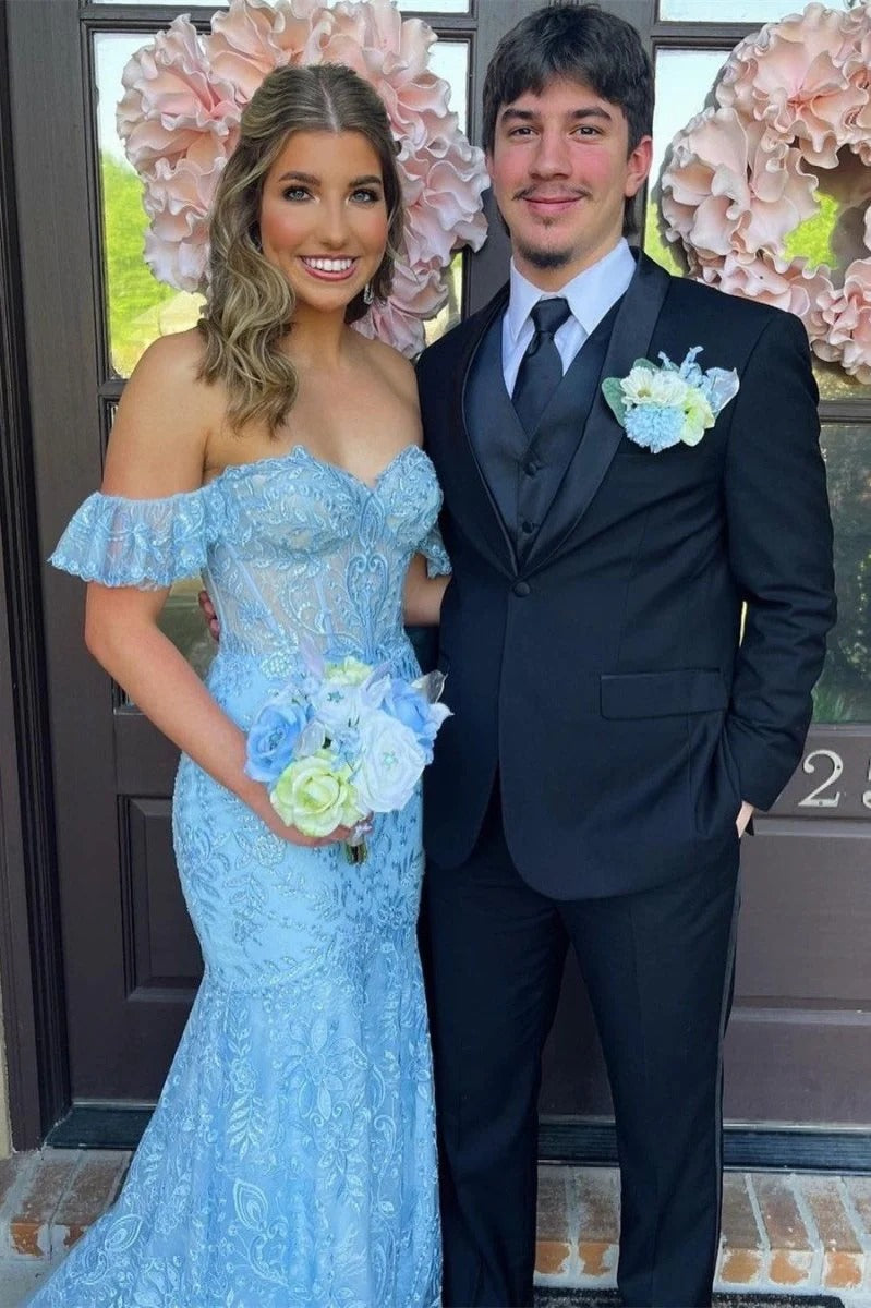 Blue Off the Shoulder Mermaid Ruffled Long Prom Dress with Lace Appliques