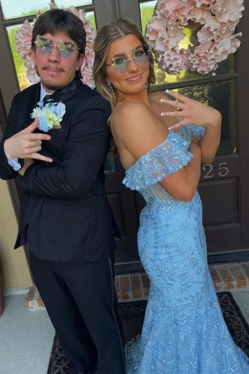 Blue Off the Shoulder Mermaid Ruffled Long Prom Dress with Lace Appliques