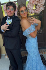 Blue Off the Shoulder Mermaid Ruffled Long Prom Dress with Lace Appliques
