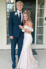 Blue Off the Shoulder Mermaid Ruffled Long Prom Dress with Lace Appliques