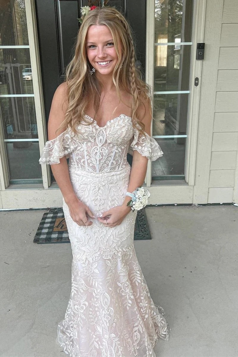 Blue Off the Shoulder Mermaid Ruffled Long Prom Dress with Lace Appliques