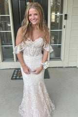 Blue Off the Shoulder Mermaid Ruffled Long Prom Dress with Lace Appliques