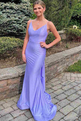 Blue Spaghetti Straps Mermaid Satin Long Prom Dress with Sleeveless
