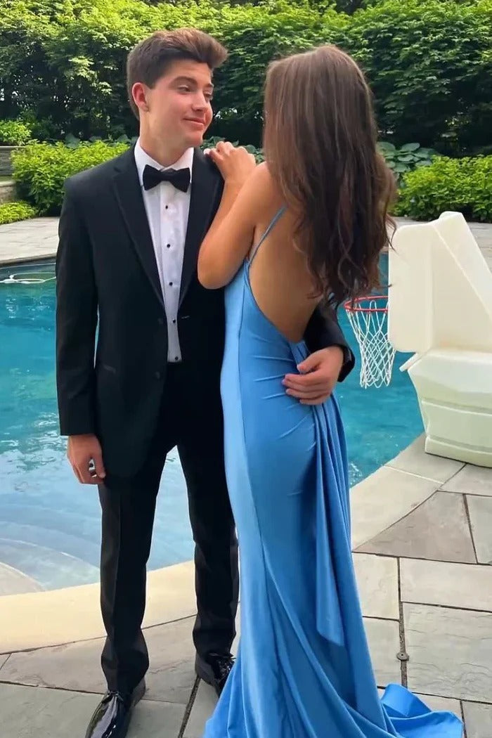 Blue Spaghetti Straps Mermaid Satin Long Prom Dress with Sleeveless