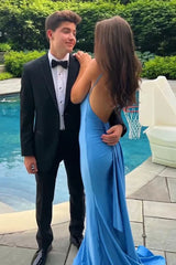Blue Spaghetti Straps Mermaid Satin Long Prom Dress with Sleeveless