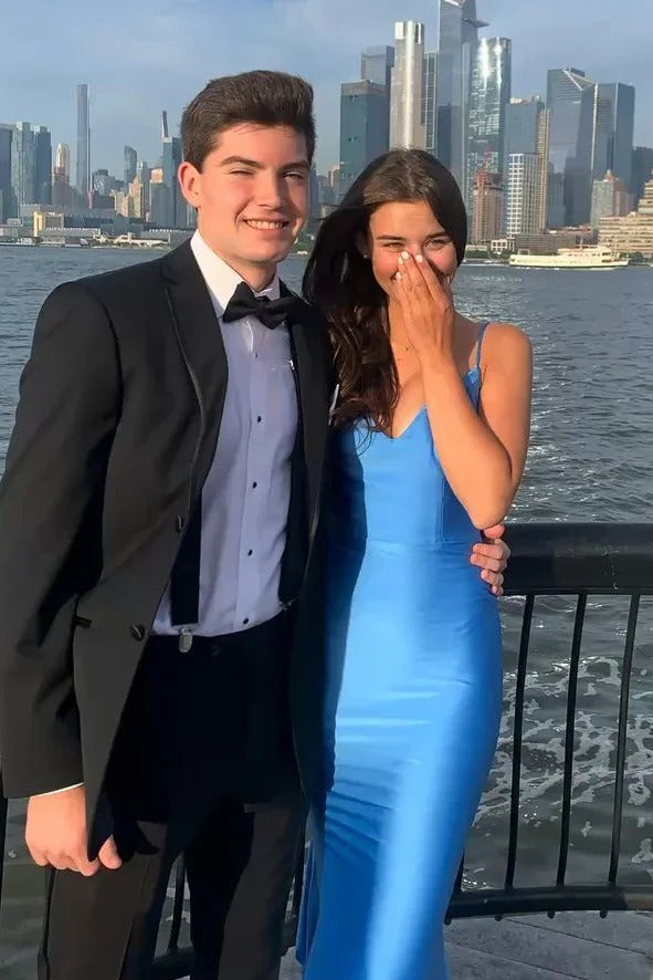 Blue Spaghetti Straps Mermaid Satin Long Prom Dress with Sleeveless