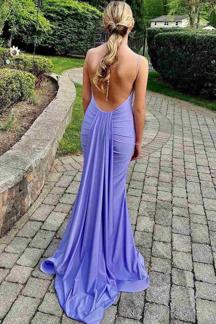 Blue Spaghetti Straps Mermaid Satin Long Prom Dress with Sleeveless