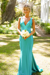 Blue V-Neck Mermaid Satin Backless Long Prom Dress