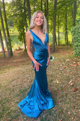 Blue V-Neck Mermaid Satin Long Prom Dress