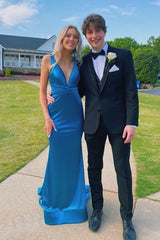 Blue V-Neck Mermaid Satin Long Prom Dress