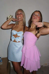 Blue Charming Strapless Short Satin Homecoming Dress with Bow