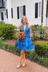 Blue Classic Tiered Halter A-Line Homecoming Dress with Bow