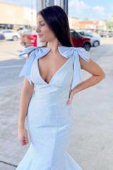 Blue Rhinestone V-Neck Mermaid Long Prom Dress