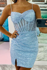 Blue Sequined Mermaid Spaghetti Straps Short Homecoming Dress