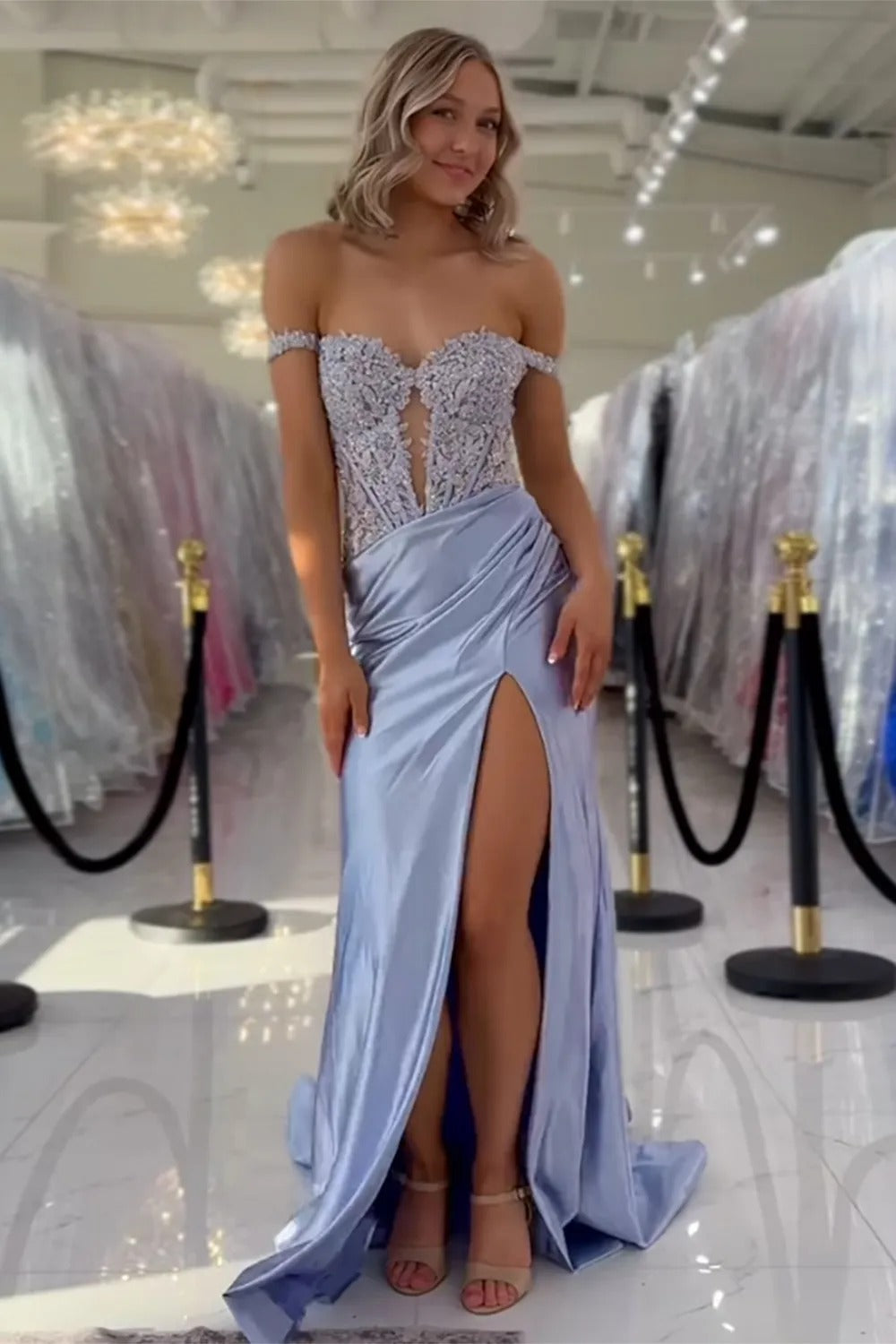 Blush Off the Shoulder Mermaid Corset Floor Length Prom Dress with Appliques