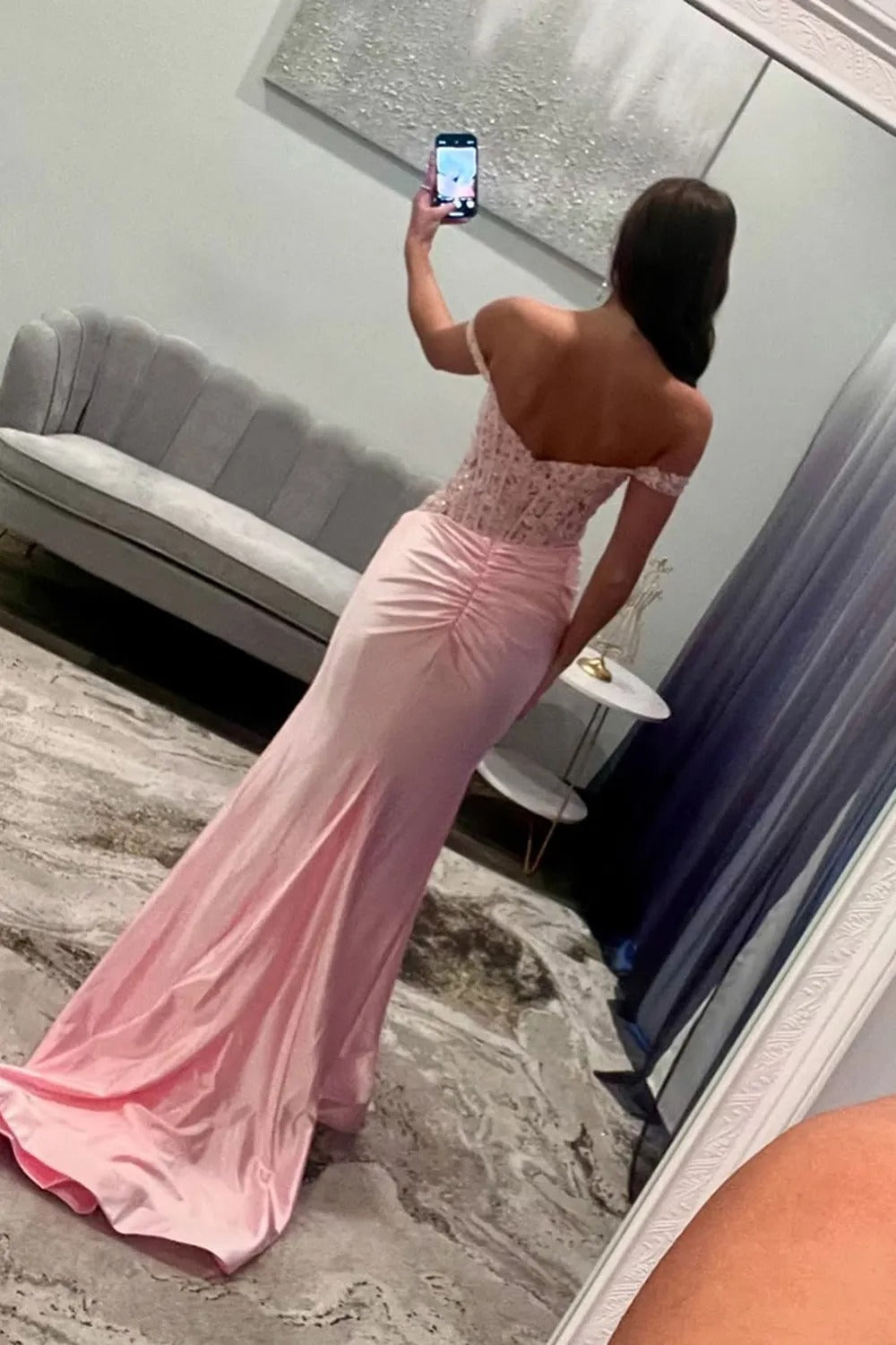 Blush Off the Shoulder Mermaid Corset Floor Length Prom Dress with Appliques