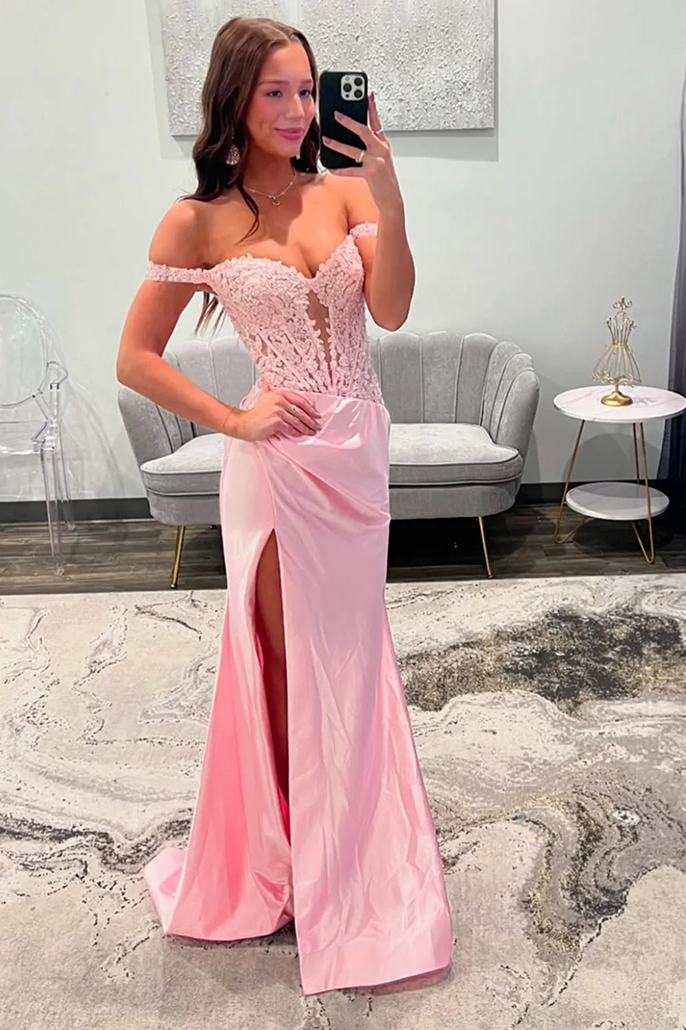 Blush Off the Shoulder Mermaid Corset Floor Length Prom Dress with Appliques
