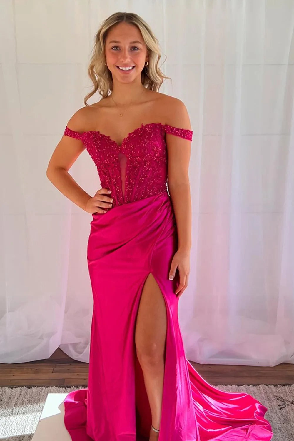 Blush Off the Shoulder Mermaid Corset Floor Length Prom Dress with Appliques