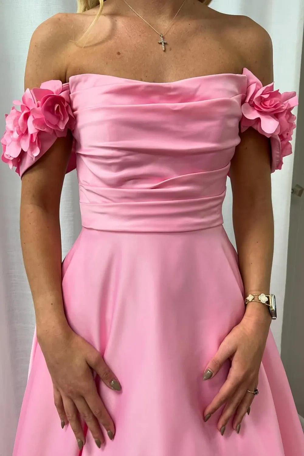 Blush Off the Shoulder Satin A-Line Long Prom Dress with 3D Flowers