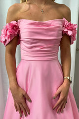 Blush Off the Shoulder Satin A-Line Long Prom Dress with 3D Flowers
