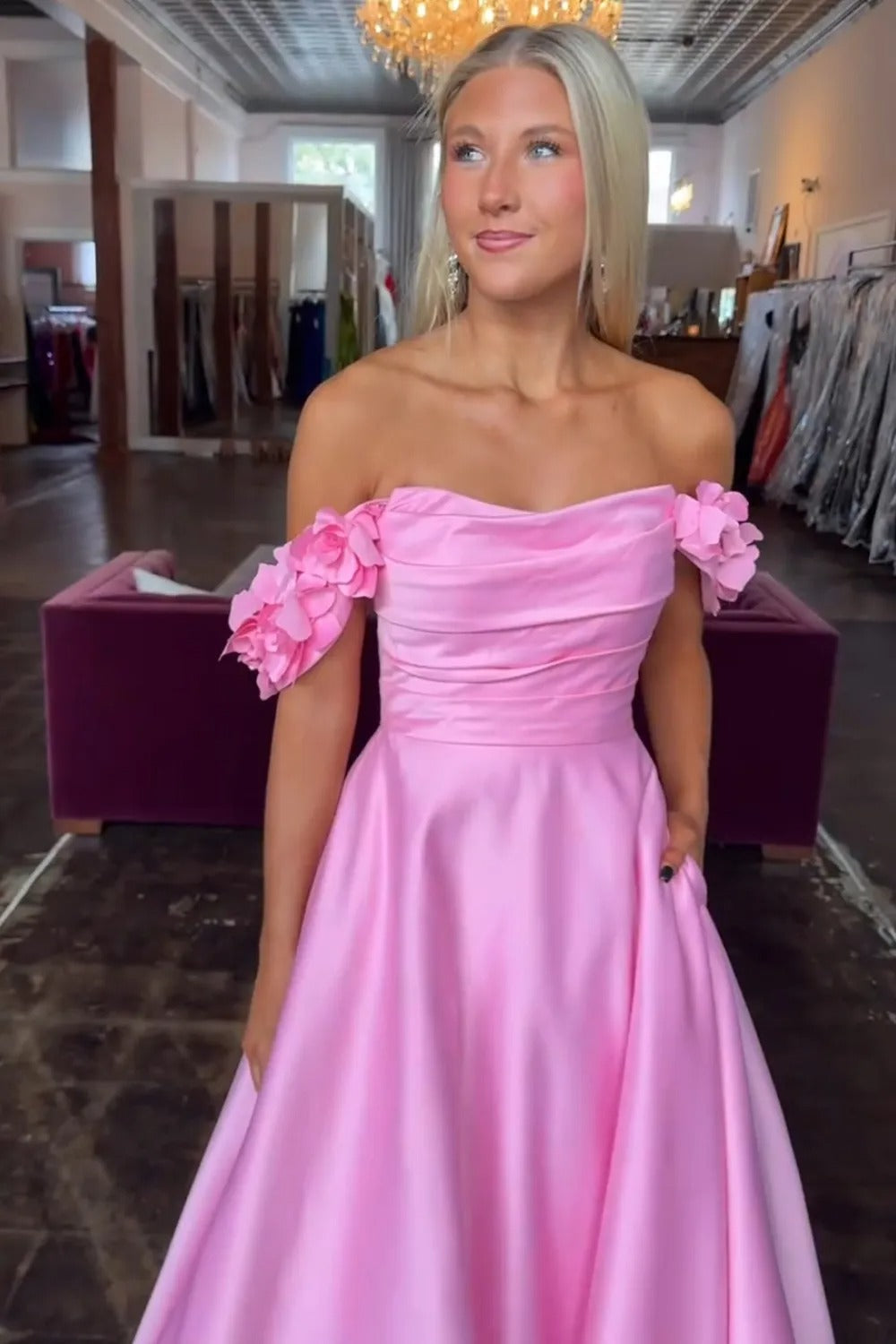 Blush Off the Shoulder Satin A-Line Long Prom Dress with 3D Flowers
